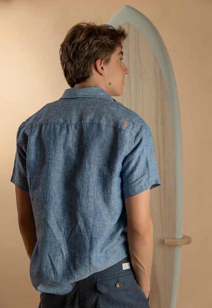 CAMISA 100% LINO marga corta celeste