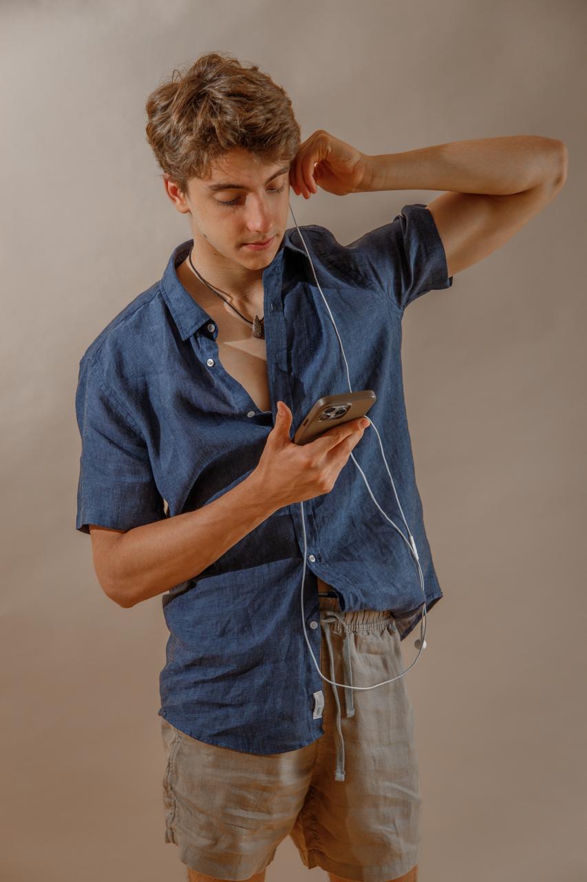 CAMISA 100% LINO manga corta azul
