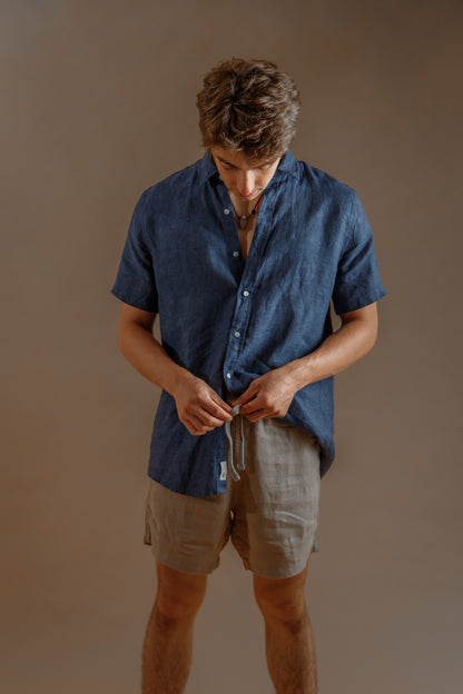 CAMISA 100% LINO manga corta azul