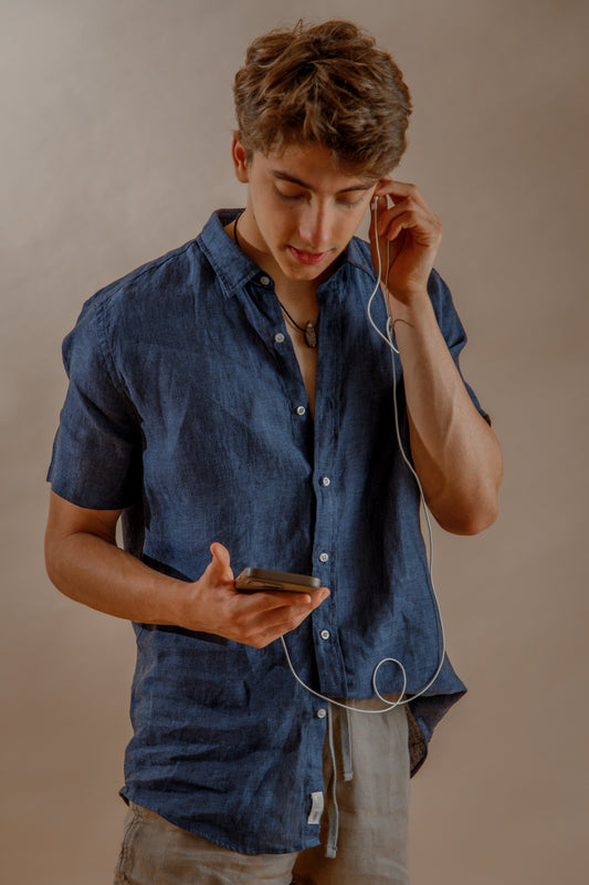CAMISA 100% LINO manga corta azul
